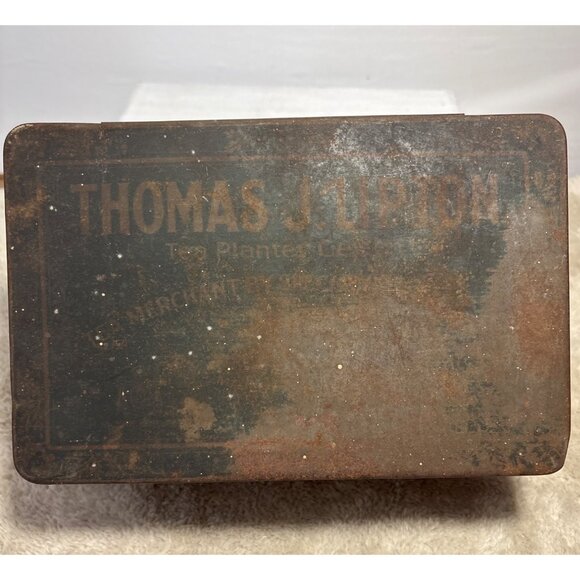 Thomas J Lipton Tea Tin Planters Hinge Lid Scenic Graphic Rustic Patina 9x6x4.5" - Picture 2 of 11